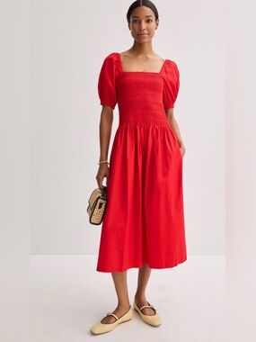 Madewell Smocked Puff Sleeve Midi Dress in Poplin in “Cerise” Sz. XL